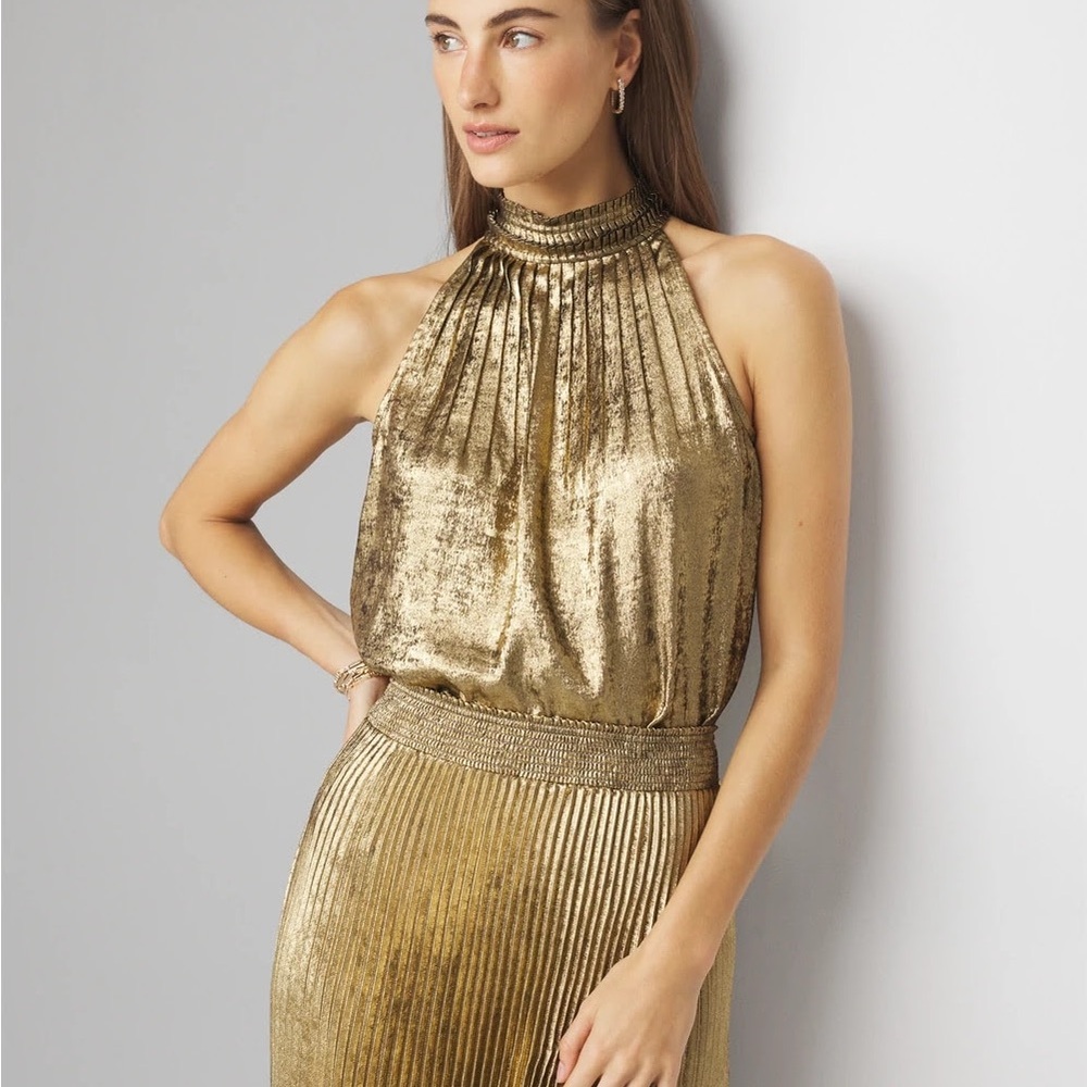 NWT Halter Pleated Gold Metallic Shell Top